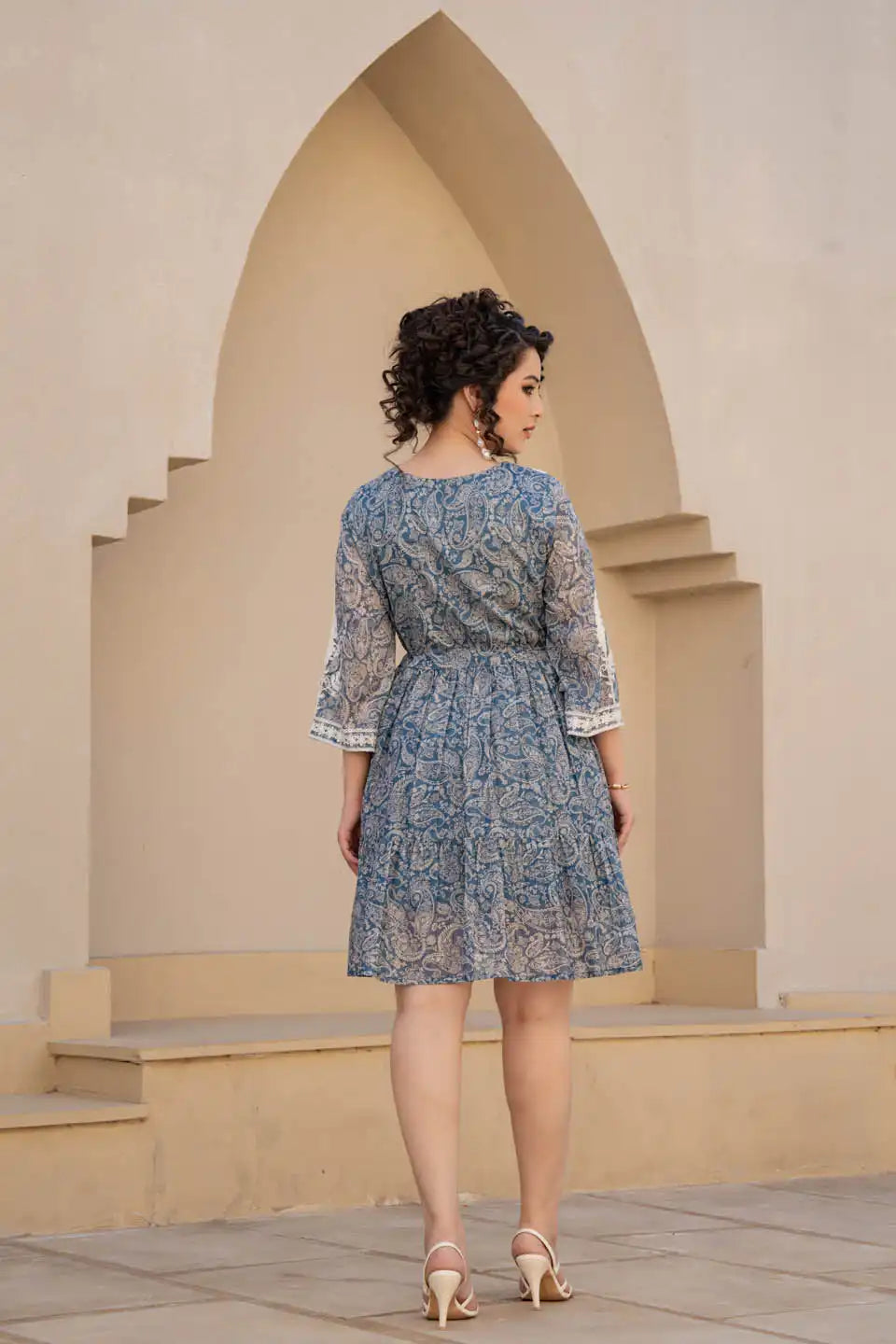 Blue embroidered flared mini dress