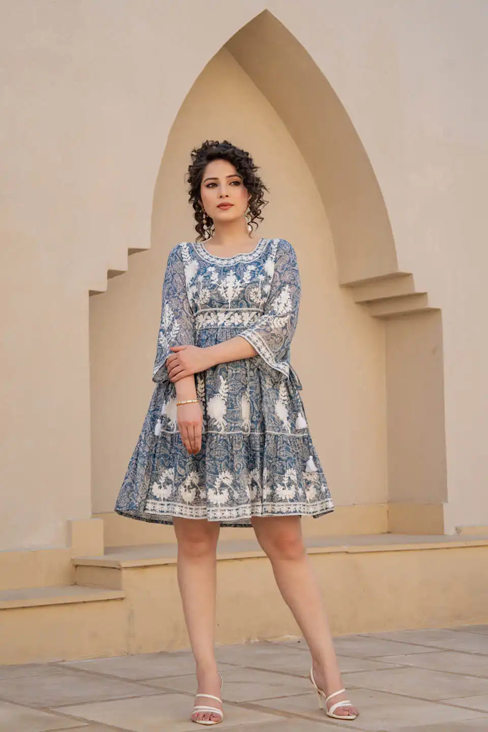 Blue embroidered flared mini dress