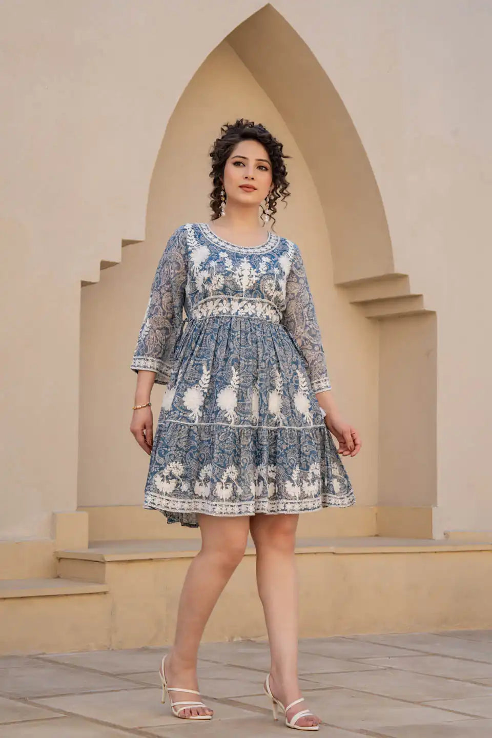 Blue embroidered flared mini dress