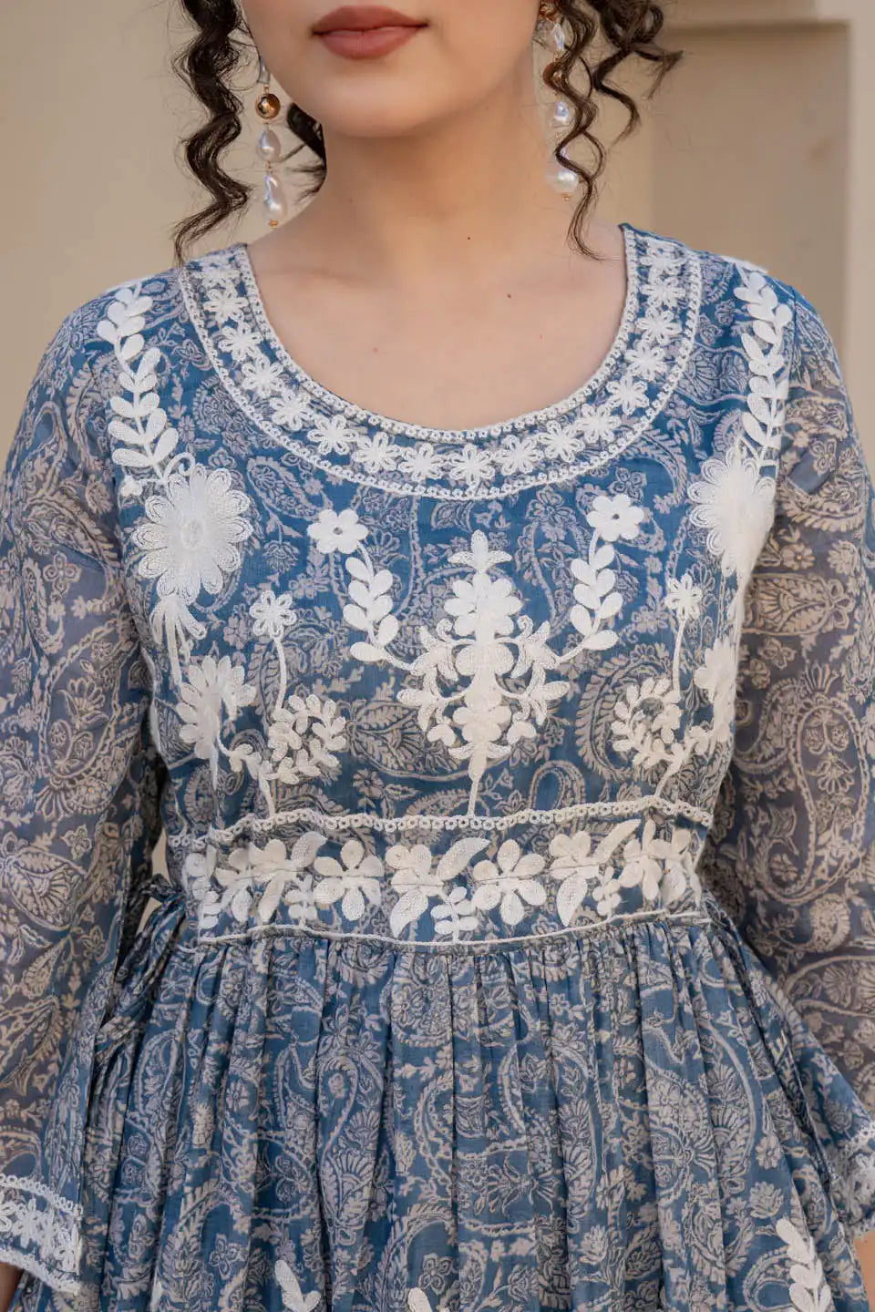 Blue embroidered flared mini dress