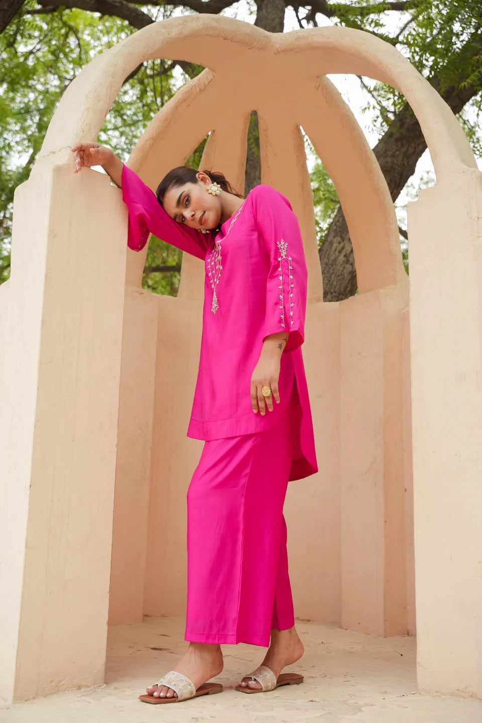 festive charm roman silk calf length coordinated set with subtle embroidery and flared sleeves