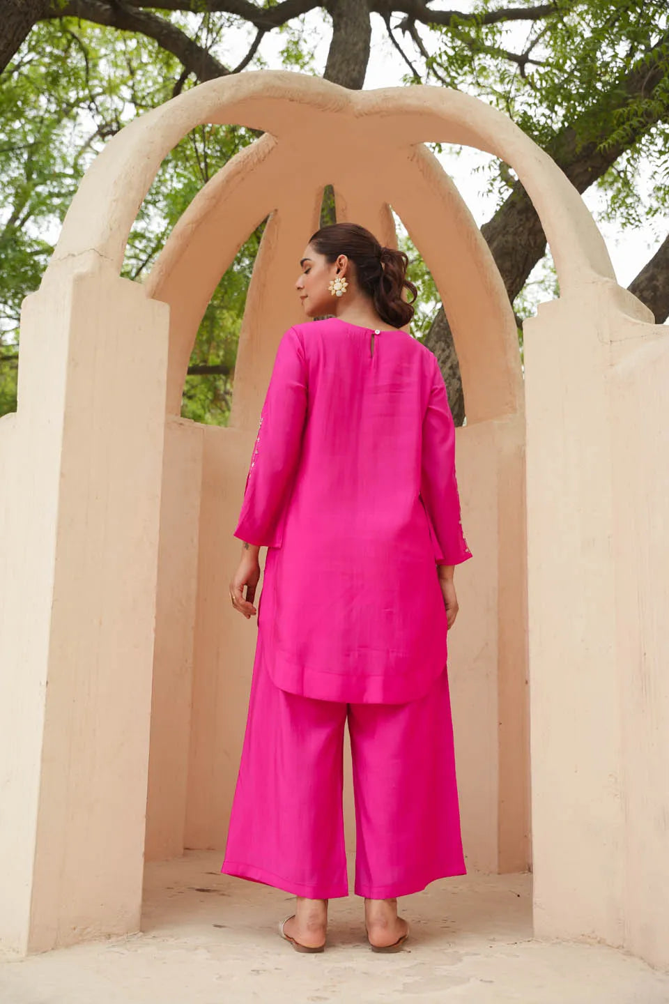 festive charm roman silk calf length coordinated set with subtle embroidery and flared sleeves