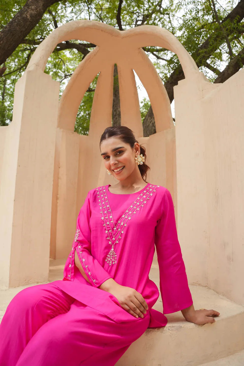 festive charm roman silk calf length coordinated set with subtle embroidery and flared sleeves