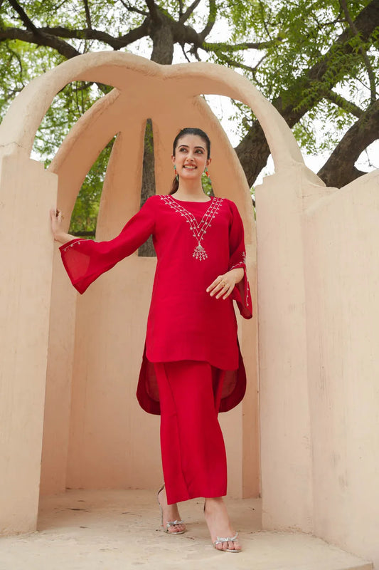 festive elegance calf length roman silk coordinated set with minimalistic embroidery and flared sleeves
