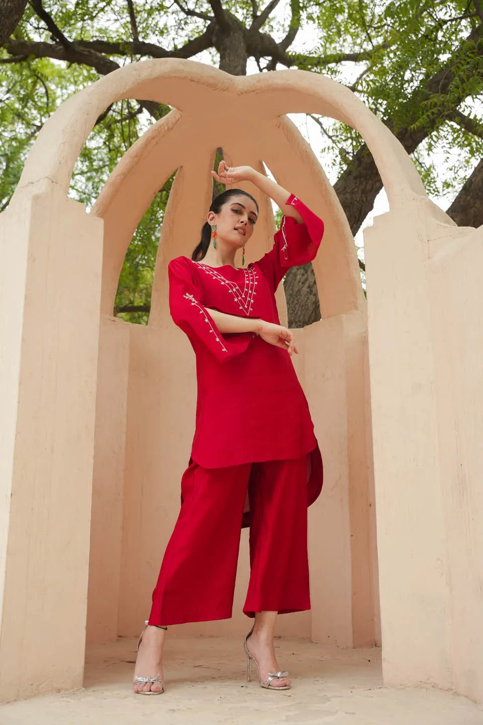 festive elegance calf length roman silk coordinated set with minimalistic embroidery and flared sleeves