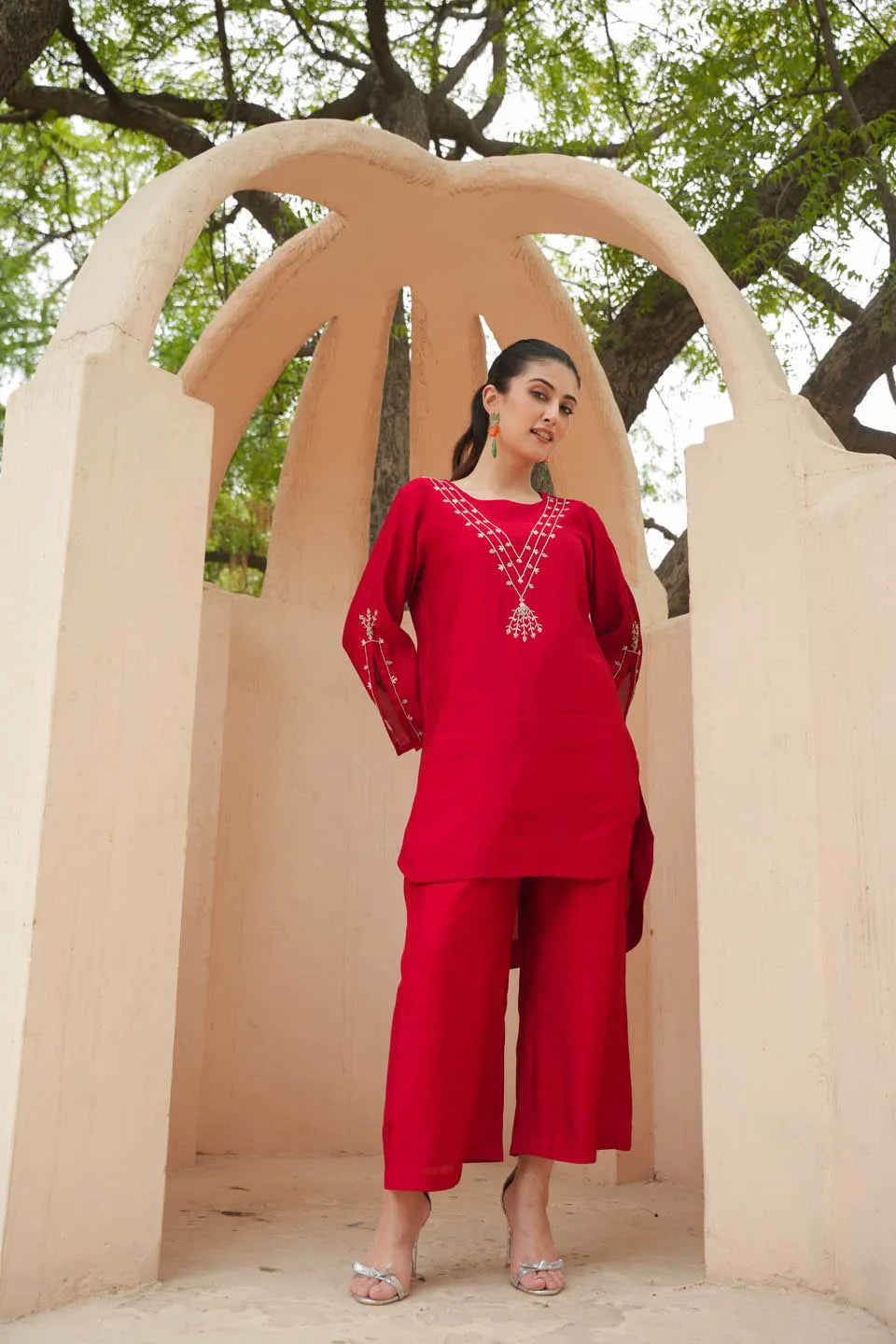 festive elegance calf length roman silk coordinated set with minimalistic embroidery and flared sleeves