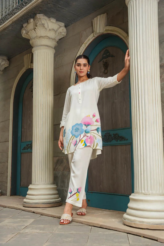 elegant floral print off-white co ord set
