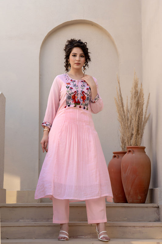 ELEGANT LIGHT PINK EMBROIDERED COTTON CO-ORDS SET FOR WOMEN