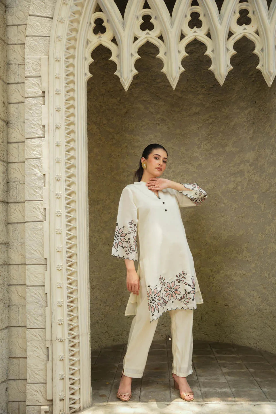 elegant flower embroidered white co ord set