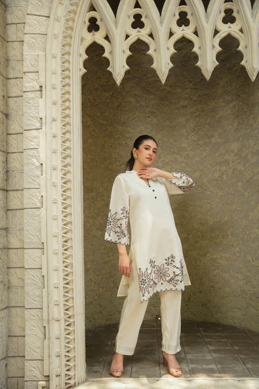 elegant flower embroidered white co ord set