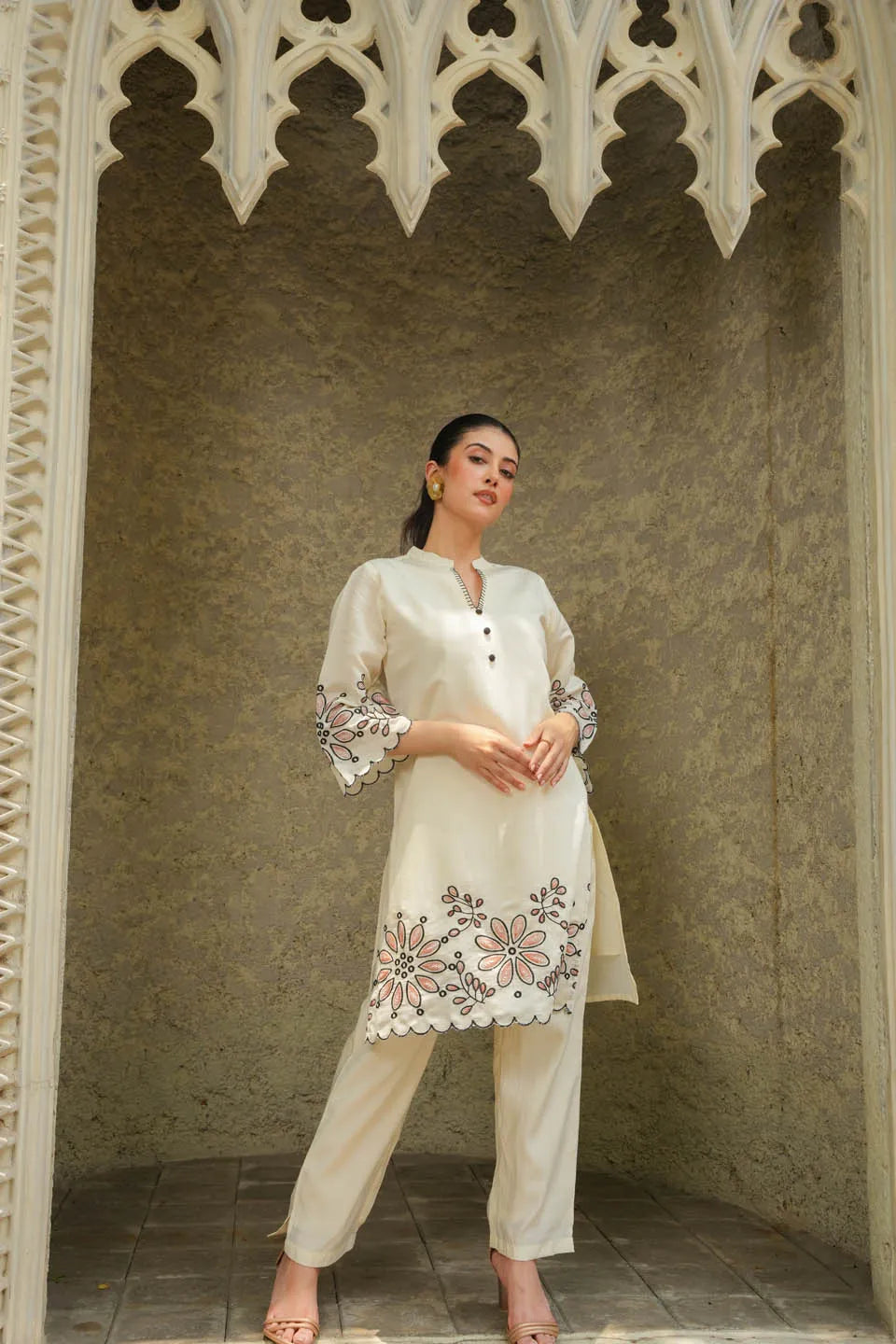elegant flower embroidered white co ord set