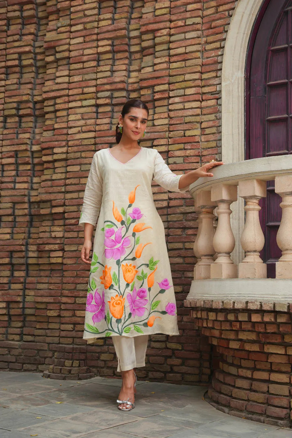 elegant cream coord set with vibrant floral print 3 4th sleeves festive casual wear