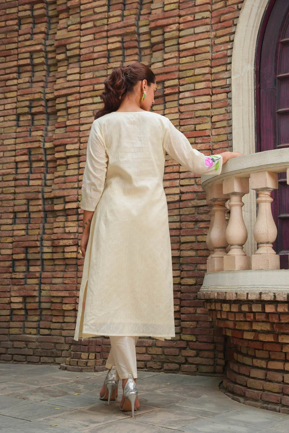 elegant cream coord set with vibrant floral print 3 4th sleeves festive casual wear