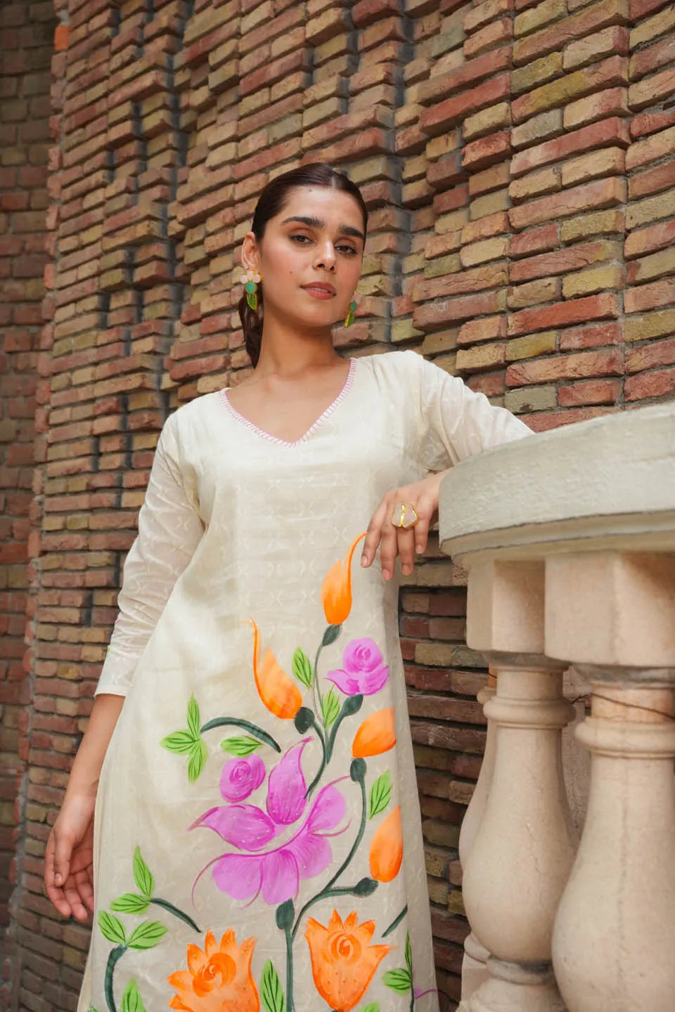 elegant cream coord set with vibrant floral print 3 4th sleeves festive casual wear