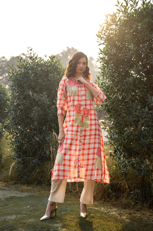WOMEN'S RED AND WHITE CHECKED COTTON KURTI WITH FLORAL PRINT & FRONT BUTTON DETAIL | ELEGANT A-LINE DESIGN FOR CASUAL AND OCCASION WEAR