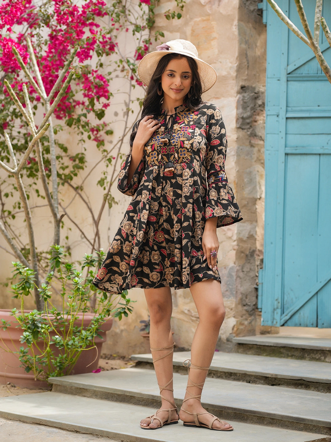 whimsical waves rayon printed short dress