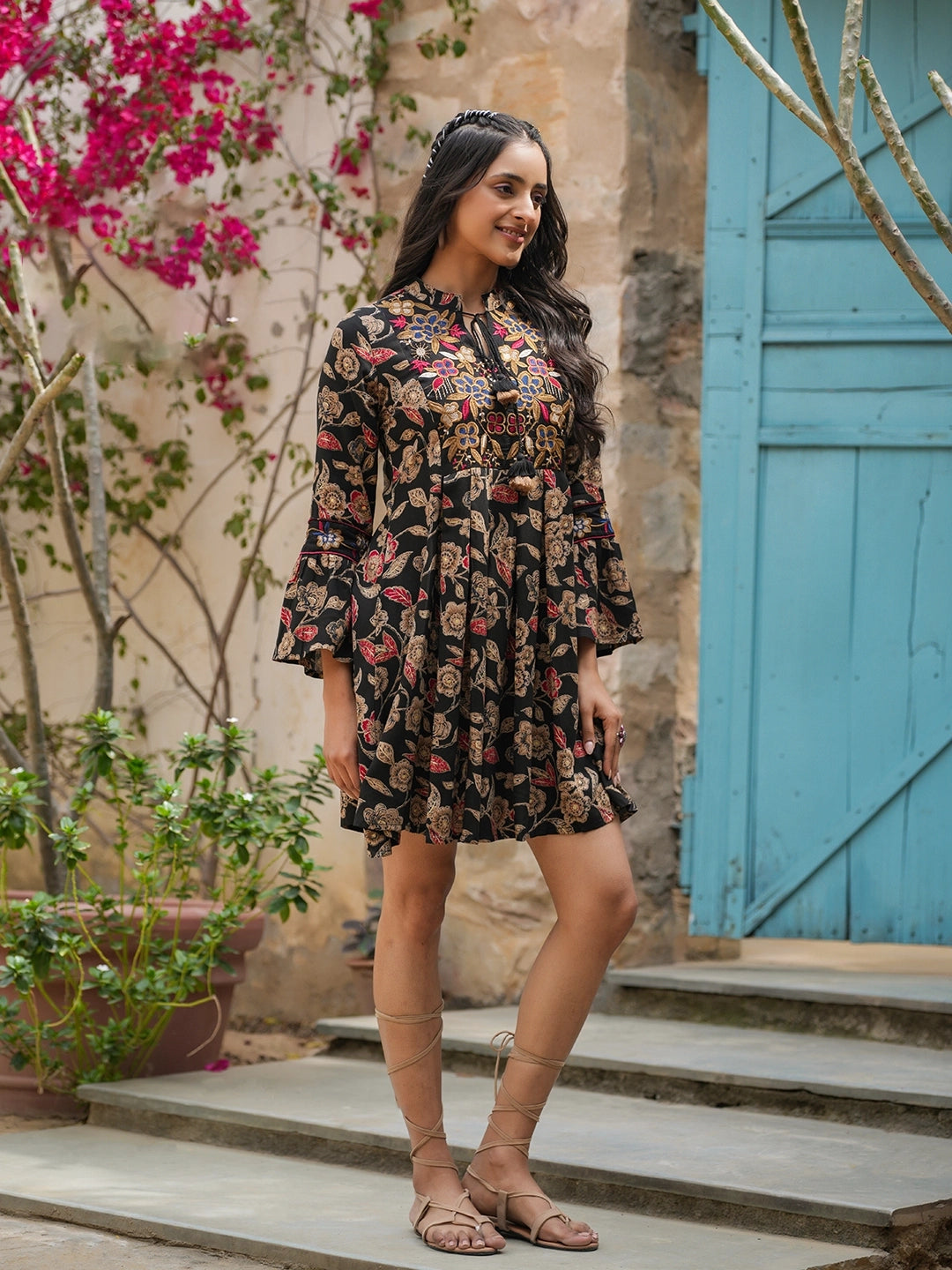 whimsical waves rayon printed short dress