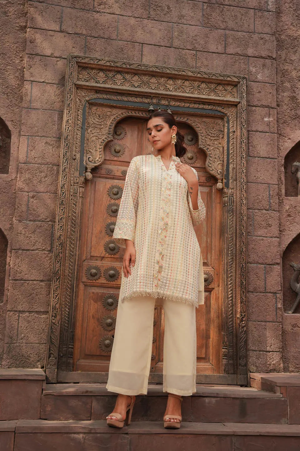 embroidered pastel coordinated set knee length top with mandarin collar and straight pants