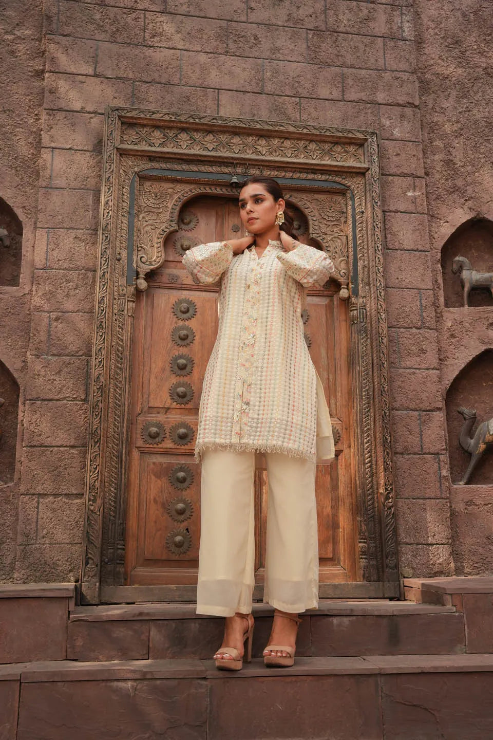 embroidered pastel coordinated set knee length top with mandarin collar and straight pants
