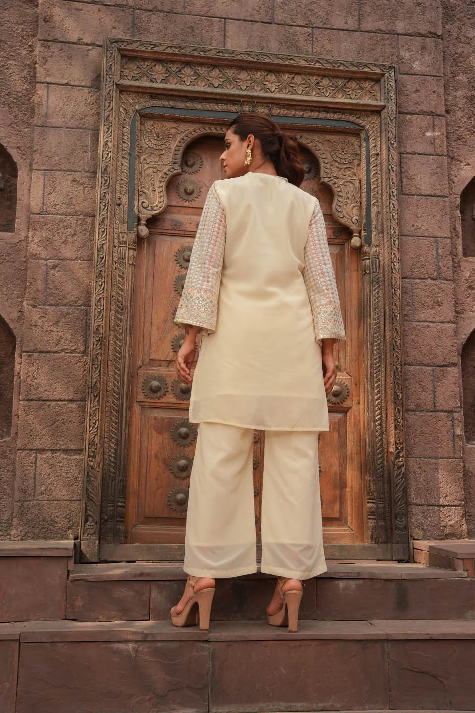embroidered pastel coordinated set knee length top with mandarin collar and straight pants