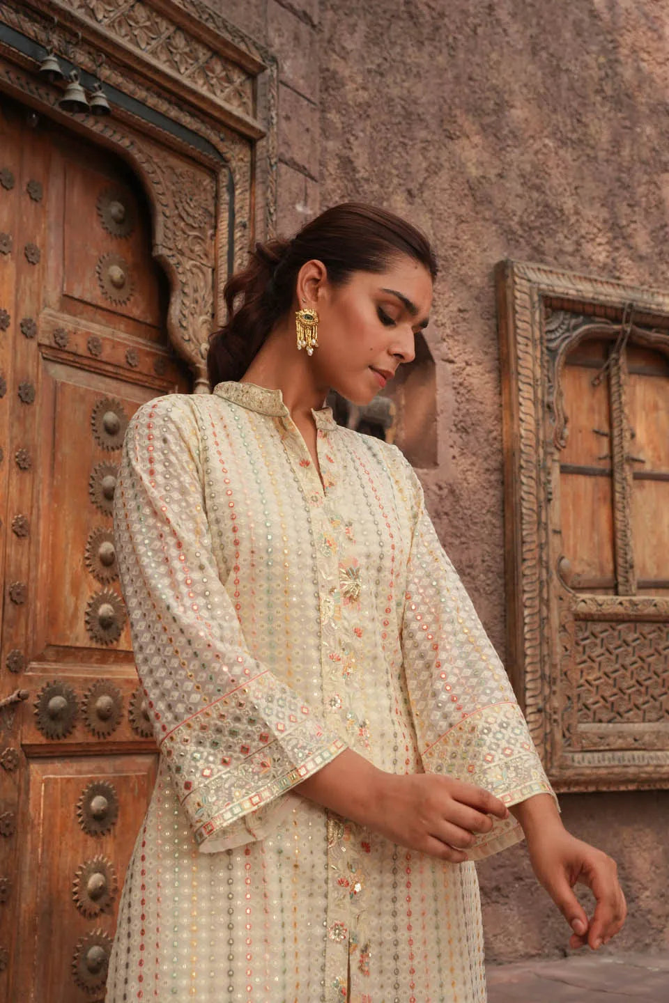 embroidered pastel coordinated set knee length top with mandarin collar and straight pants