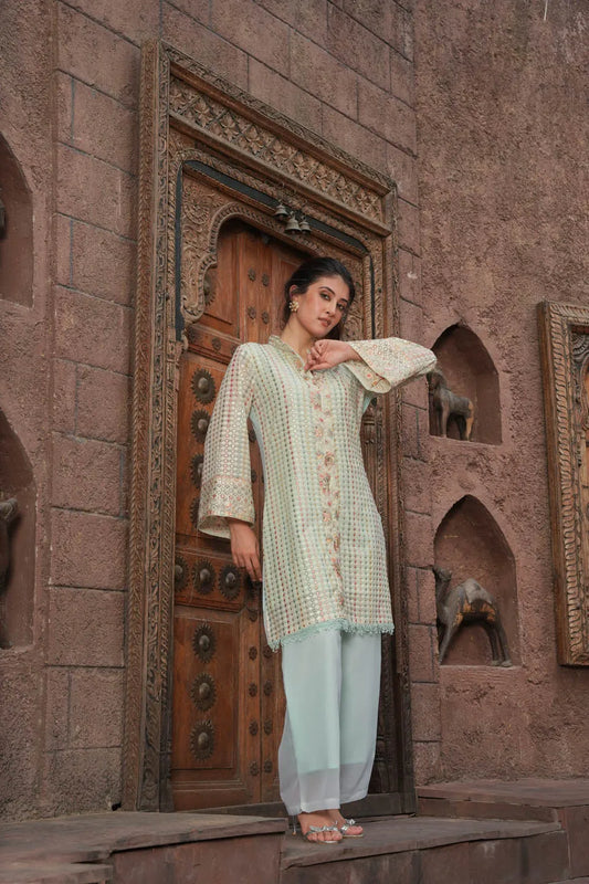elegant embroidered pastel set knee length top with mandarin collar and matching straight pants