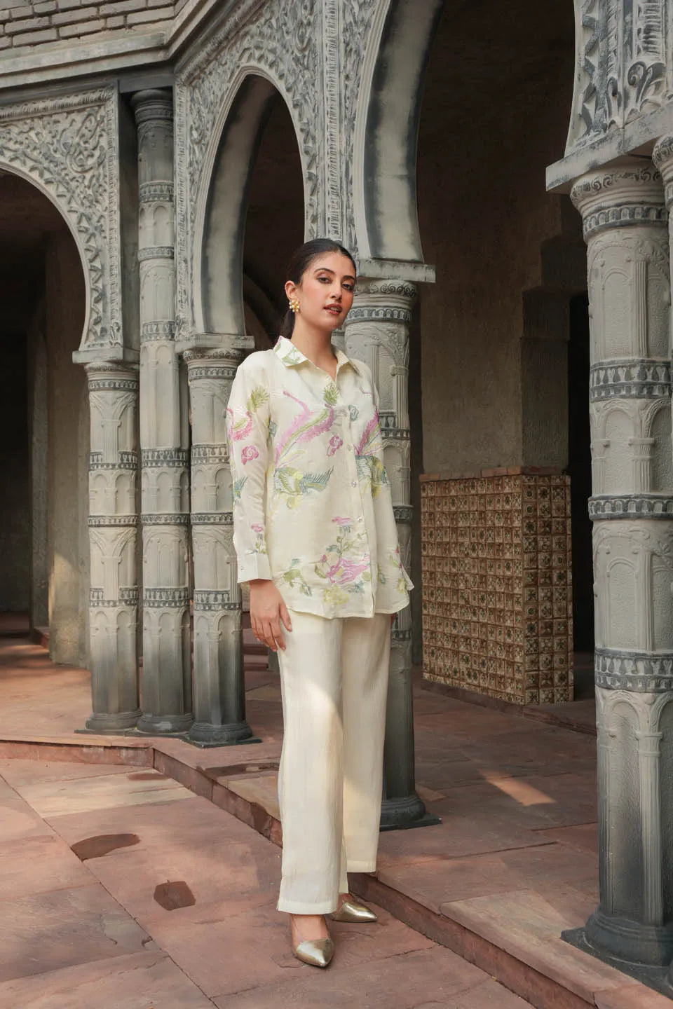 elegant floral embroidered silk blend co ord set for semi formal occasions