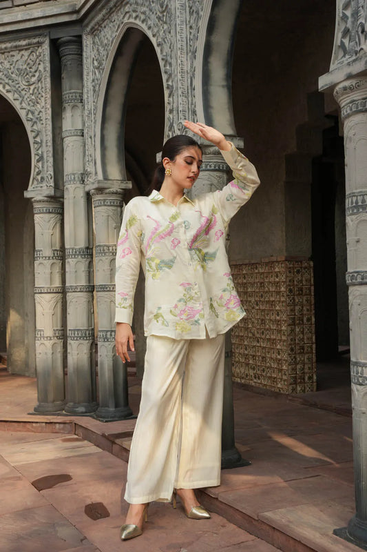 elegant floral embroidered silk blend co ord set for semi formal occasions