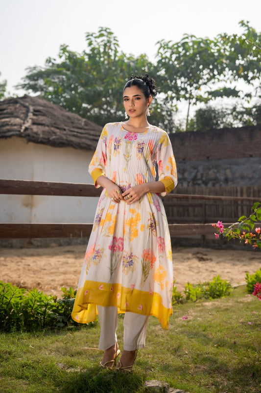 WOMEN'S FLORAL PRINTED COTTON KURTI WITH PINTUCK DETAILING AND CONTRAST YELLOW BORDER | PERFECT DAILY AND FESTIVE WEAR