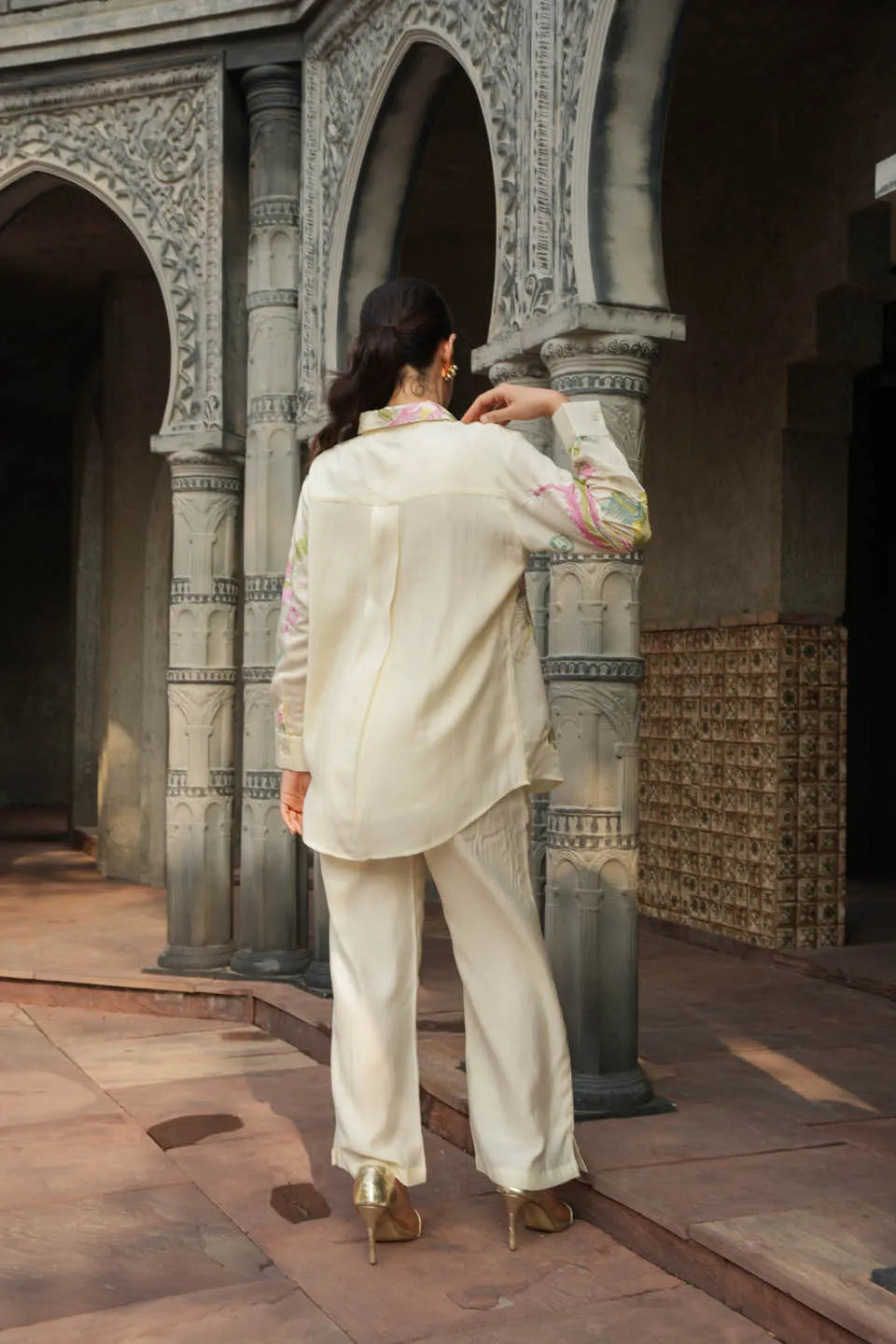 elegant floral embroidered silk blend co ord set for semi formal occasions