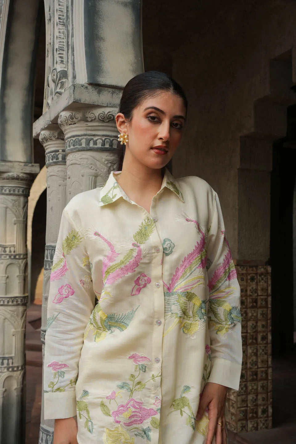 elegant floral embroidered silk blend co ord set for semi formal occasions
