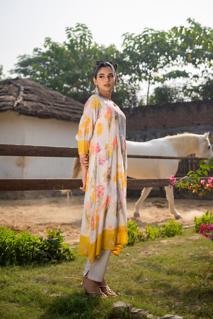 WOMEN'S FLORAL PRINTED COTTON KURTI WITH PINTUCK DETAILING AND CONTRAST YELLOW BORDER | PERFECT DAILY AND FESTIVE WEAR