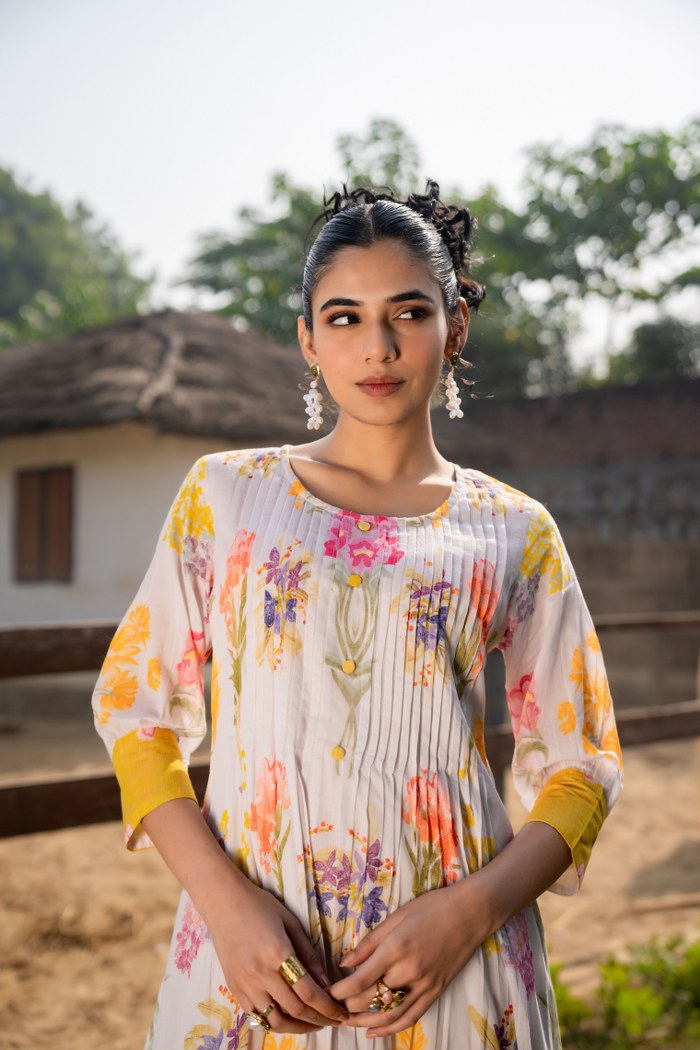 WOMEN'S FLORAL PRINTED COTTON KURTI WITH PINTUCK DETAILING AND CONTRAST YELLOW BORDER | PERFECT DAILY AND FESTIVE WEAR