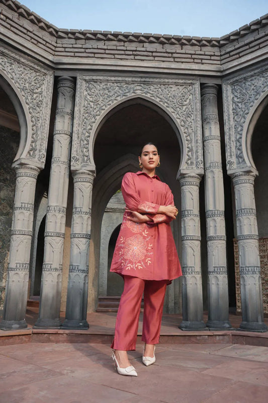 roman silk floral embroidered coordinated set