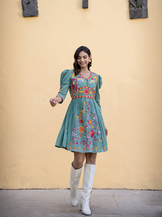 Loomed Splendor: Cotton Embroidery Short Dress