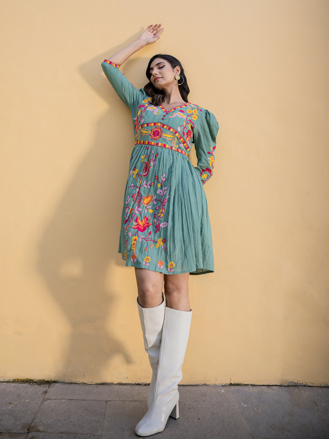 Loomed Splendor: Cotton Embroidery Short Dress