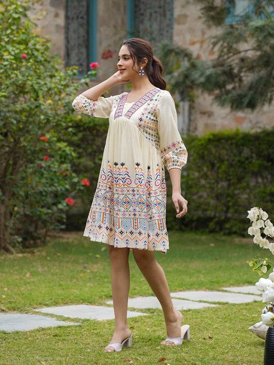 Silken Blossom: Rayon Printed Short Dress