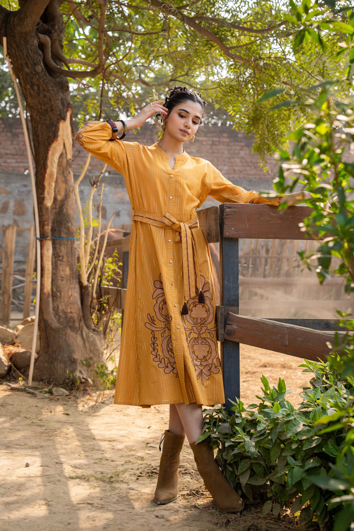 WOMEN'S MUSTARD COTTON LUREX EMBROIDERED  DRESS WITH BELT