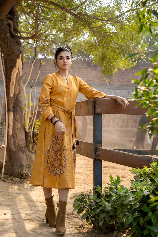 WOMEN'S MUSTARD COTTON LUREX EMBROIDERED  DRESS WITH BELT