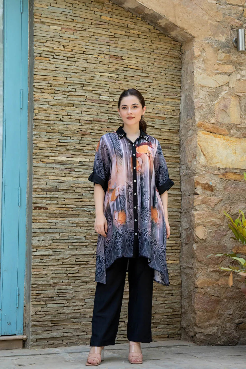 statement print asymmetrical tunic with studded collar roll up sleeves