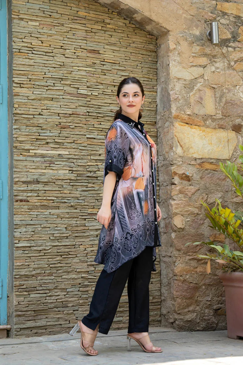 statement print asymmetrical tunic with studded collar roll up sleeves