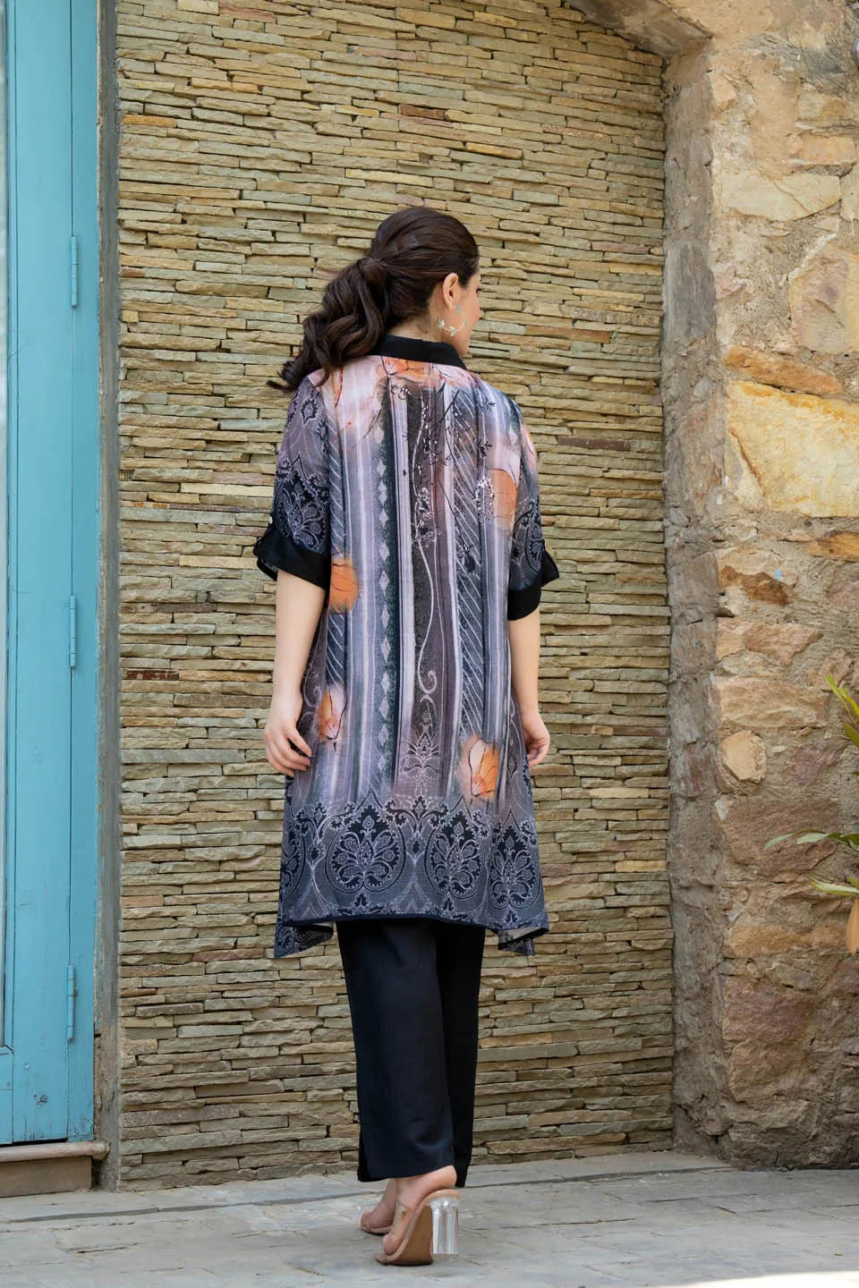 statement print asymmetrical tunic with studded collar roll up sleeves