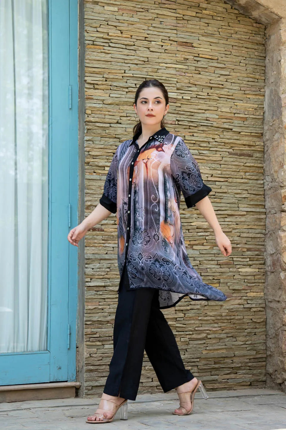 statement print asymmetrical tunic with studded collar roll up sleeves