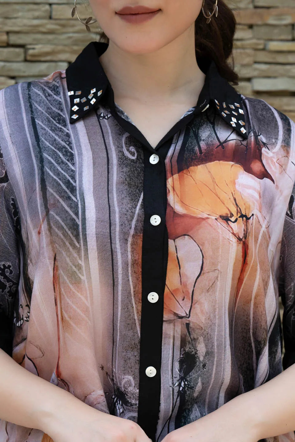 statement print asymmetrical tunic with studded collar roll up sleeves