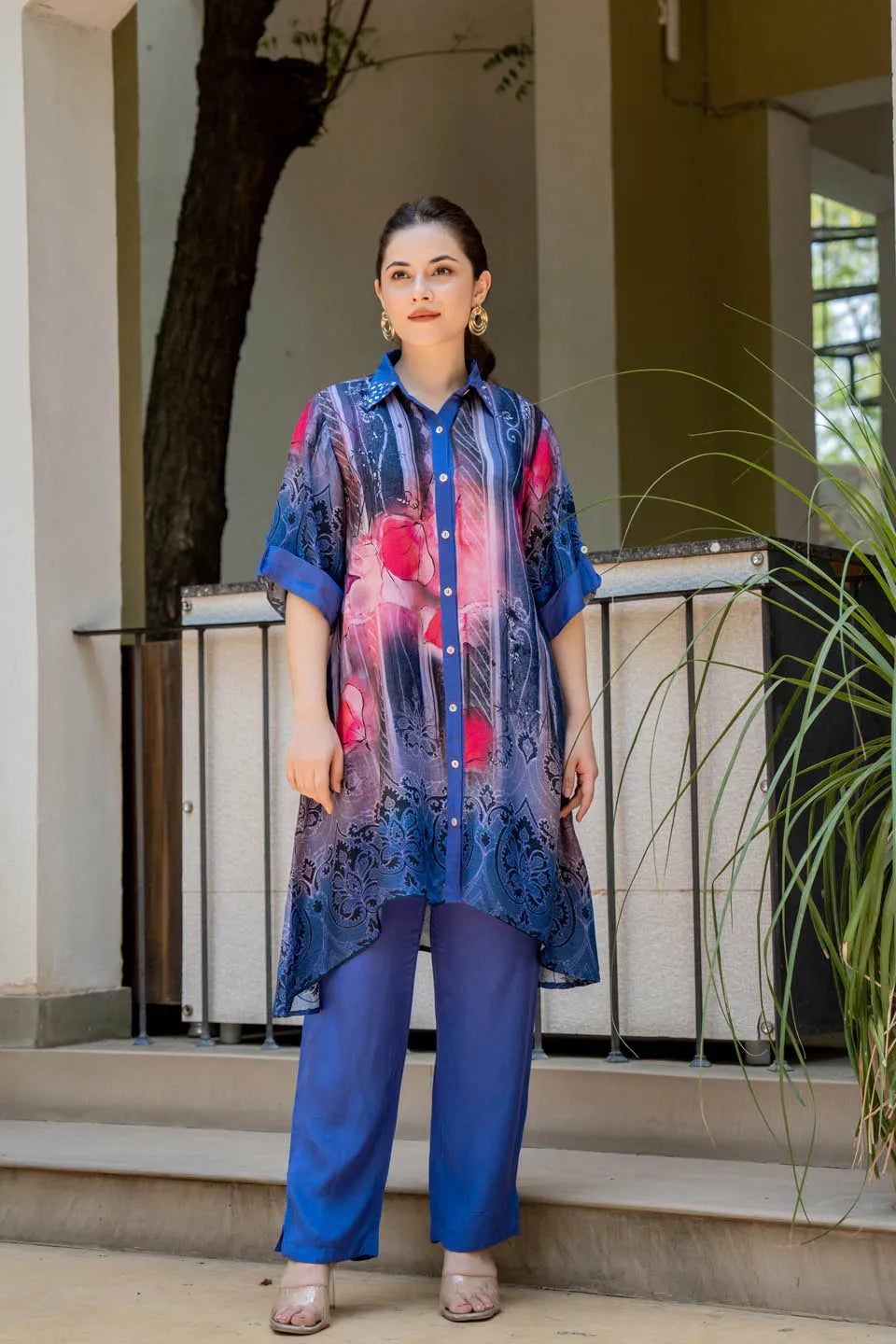 statement print asymmetrical tunic with studded collar roll up sleeves