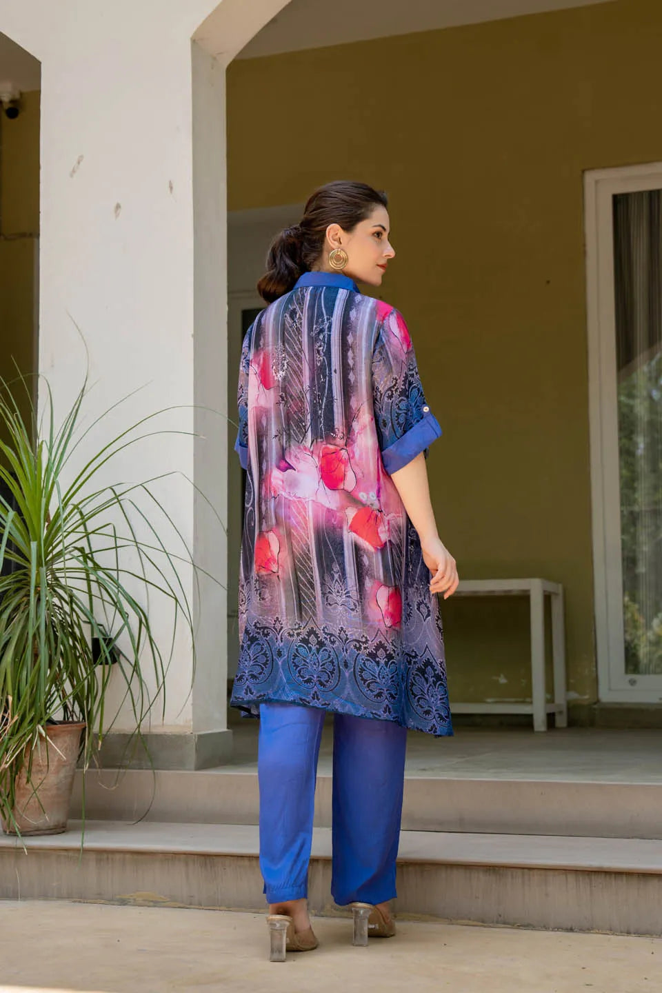 statement print asymmetrical tunic with studded collar roll up sleeves