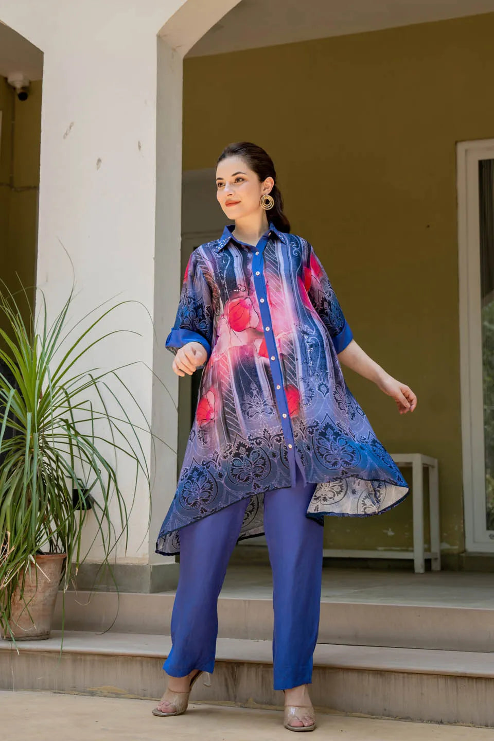 statement print asymmetrical tunic with studded collar roll up sleeves