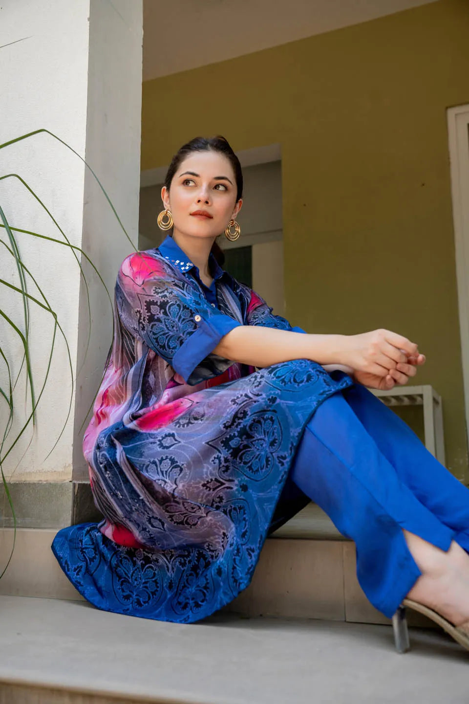 statement print asymmetrical tunic with studded collar roll up sleeves