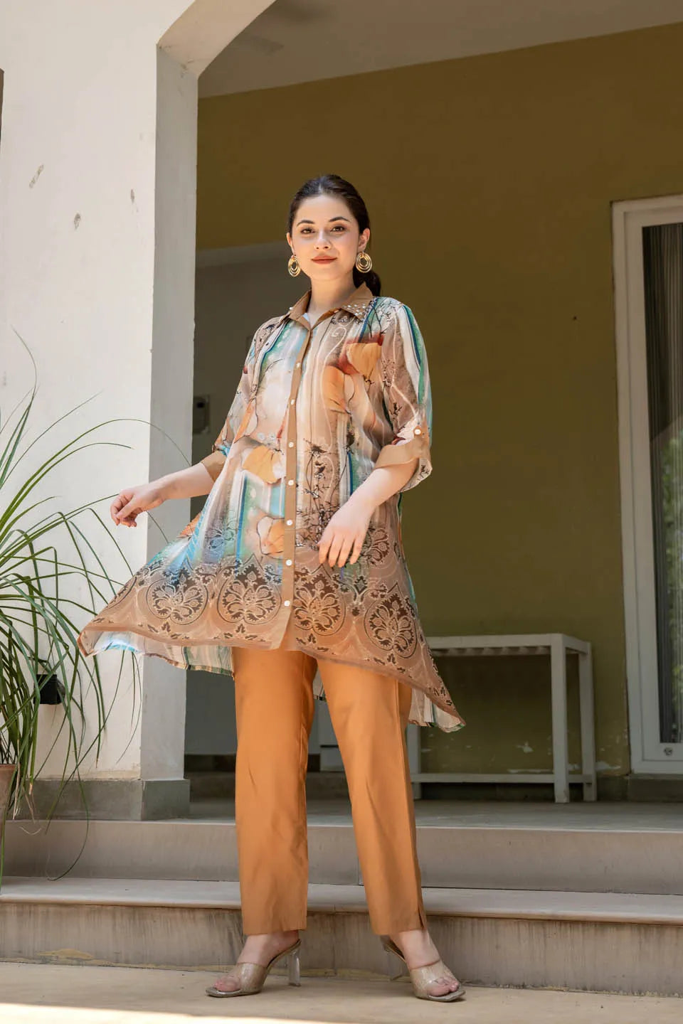 statement print asymmetrical tunic with studded collar roll up sleeves