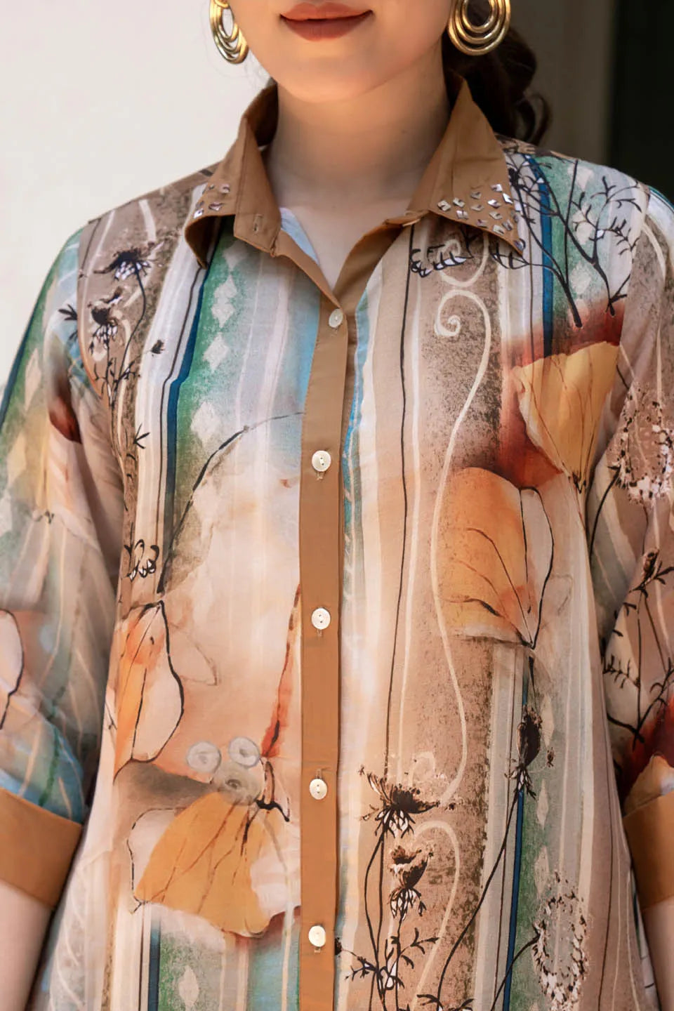 statement print asymmetrical tunic with studded collar roll up sleeves